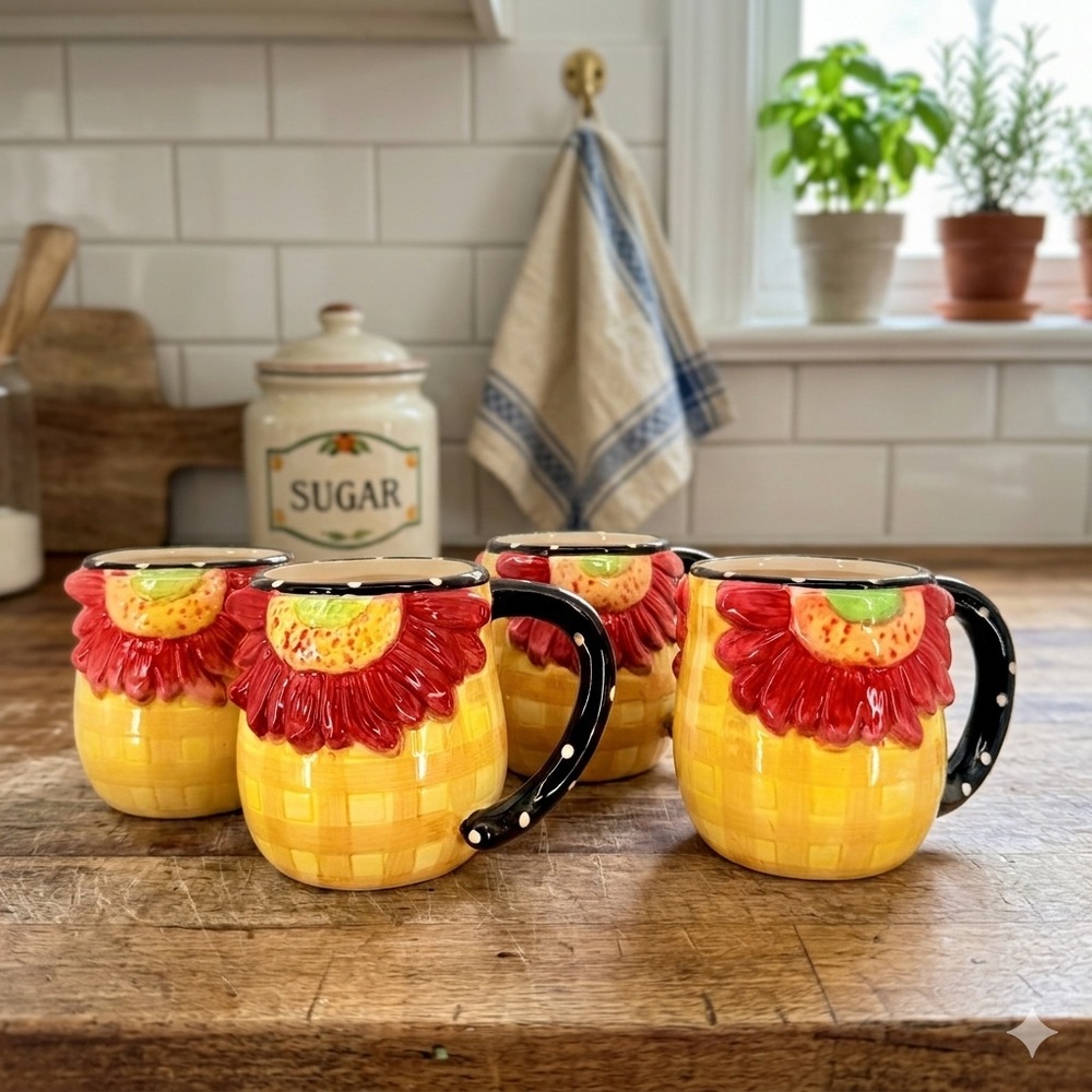 Pier 1 Sunflower Mug Set 4 3D Floral Ceramic Coffee Cup Cottagecore Farmhouse